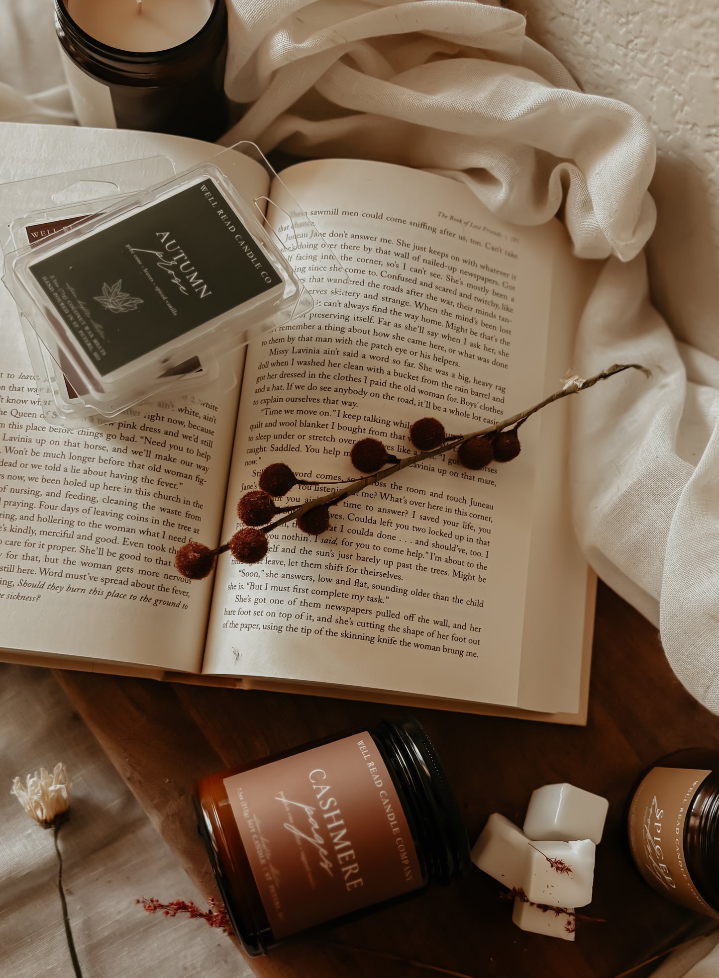 leaves roasted pine cone bookish wax
