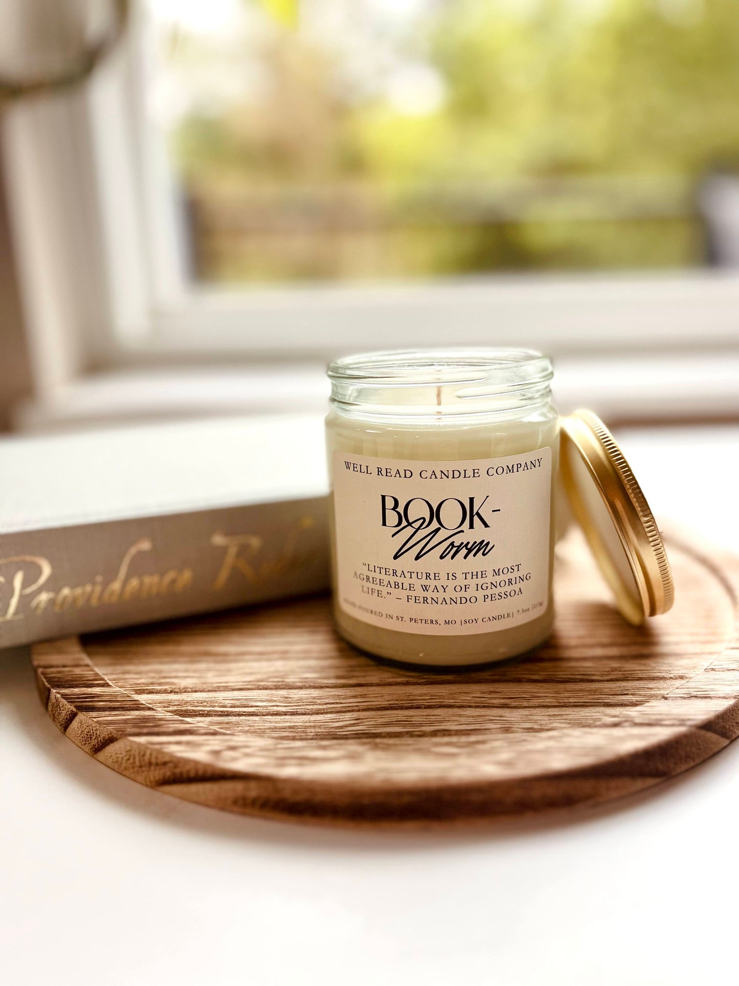 Side view of Bookworm Bookish Soy Candle