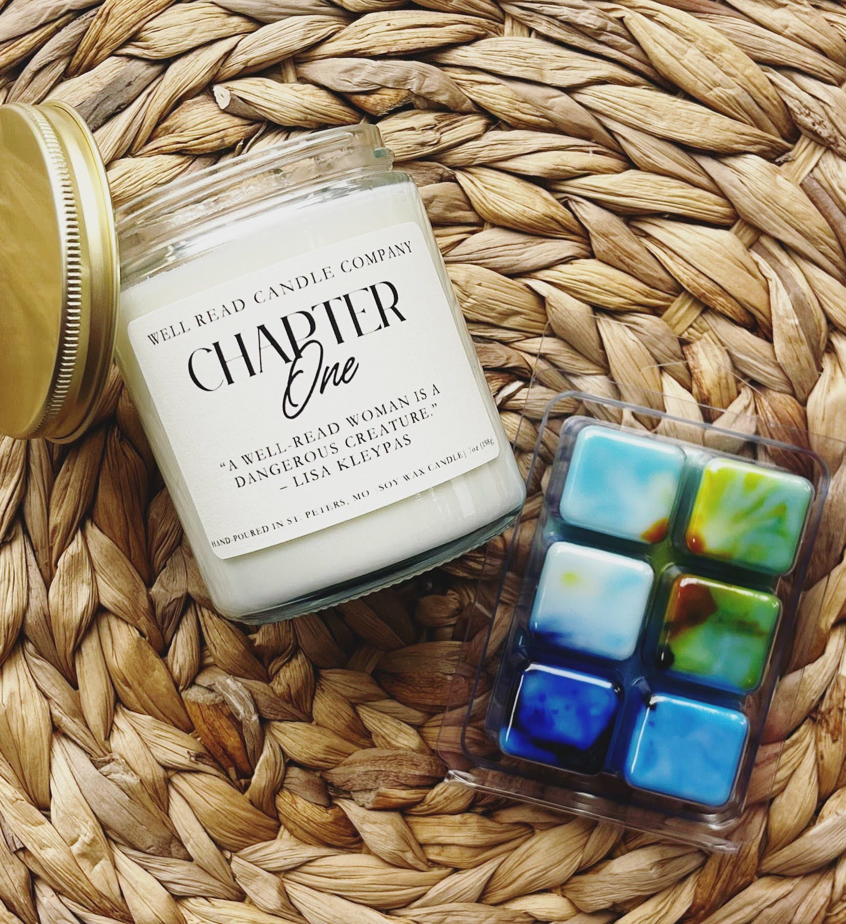 Photo of bookish Chapter One soy candle and wax melts