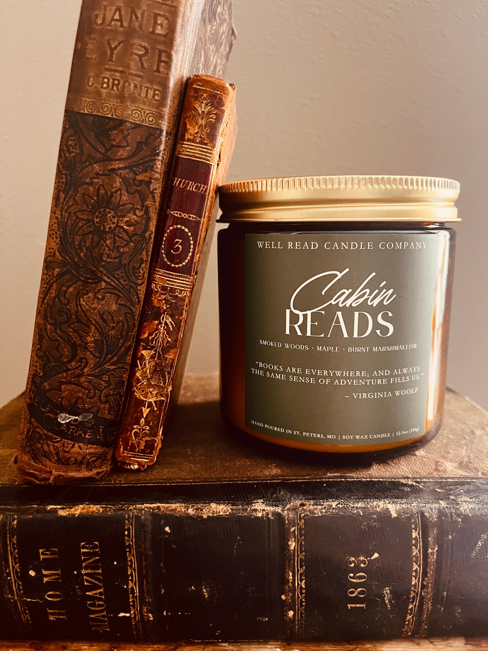 bookish cabin soy candle woods