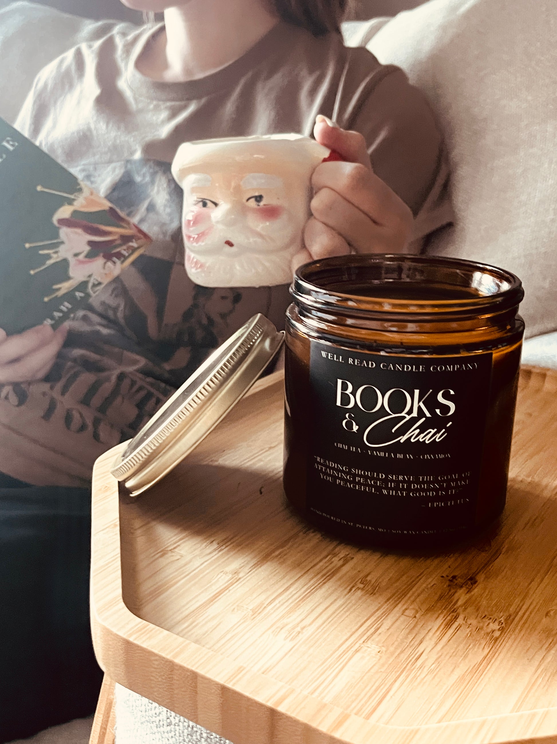 books and chai candle winter